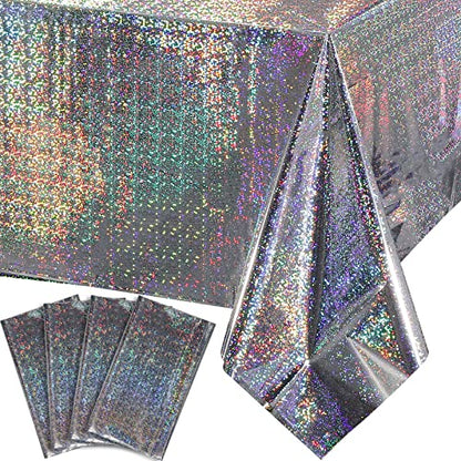 4 Pack Iridescent Plastic Tablecloths Shiny Disposable Laser Rectangle Table Covers Holographic Foil Tablecloth Iridescent Party Decoration Birthday Bridal Wedding Christmas 54"x108"(Silver) - color: Silver