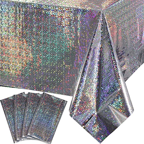 4 Pack Iridescent Plastic Tablecloths Shiny Disposable Laser Rectangle Table Covers Holographic Foil Tablecloth Iridescent Party Decoration Birthday Bridal Wedding Christmas 54"x108"(Silver) - color: Silver