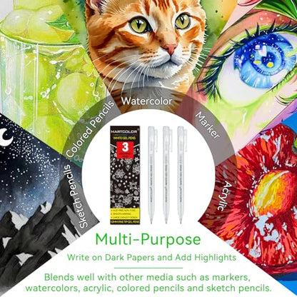 MARTCOLOR White Gel Pens, 3 Pack 1.0mm Extra Fine Point White Gel ink Pens | Opaque Archival Ink Pen for Black Paper Drawing, Art Highlight, Illustration, Bullet Journaling, Card Making & DIY Projects - style: White - 1.0mm