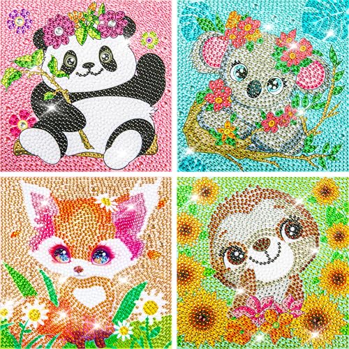 Labeol Diamond Art Kits for Kids Crafts for Girls Ages 6-8-10-12 Easy to DIY Creative Diamond Art Sticker Craft by Numbers Kits for Kids and Adult Beginners (4 Pack Cute Animal) - style: 4 pack cute animal
