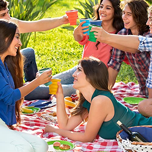 ME.FAN Silicone Collapsible Travel Cup - Silicone Folding Camping Cup with Lids - Expandable Drinking Cup Set - Portable, Graduated [9.22oz] - color: 4 Pack-Deep Gery-Dusty Rose-Teal Blue-Navy Blue
