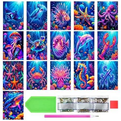 Jaloro 16 Pack 5d Diamond Painting Kits for Adults DIY Flower Animal Diamond Painting Kits Round Crafts for Adults Beginner Home Wall Decoration Gift 11.8 x 15.7 Inches (Sea Animal) - style: Sea Animal