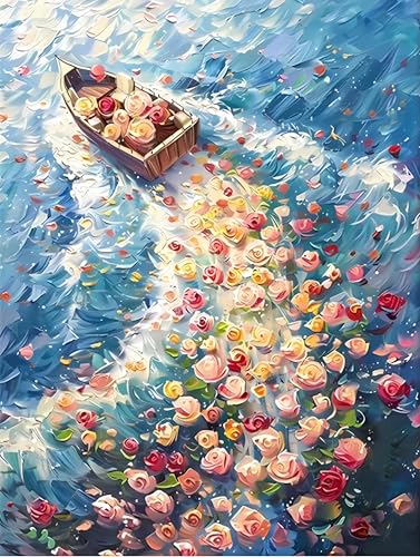 Ohhvvow Diamond Painting Kit for Adults: Sailing Ship with Flower Waves - Full Drill Round Diamonds Ocean Art | Stress Relief DIY Craft Decor, 12x16 inch - color: Flower wave
