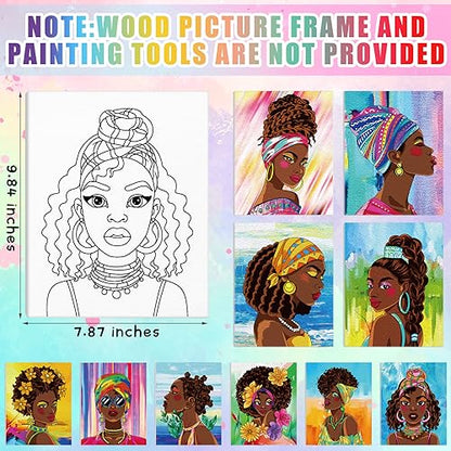 Chuangdi 10 Pcs Afro Queen Pre Drawn Canvas for Painting Pre Printed Paint and Sip Party Supplies 8 x 10 Inch Stretched Outline Board Painting Kit for Adults Beginner Artist DIY - style: Afro Queen