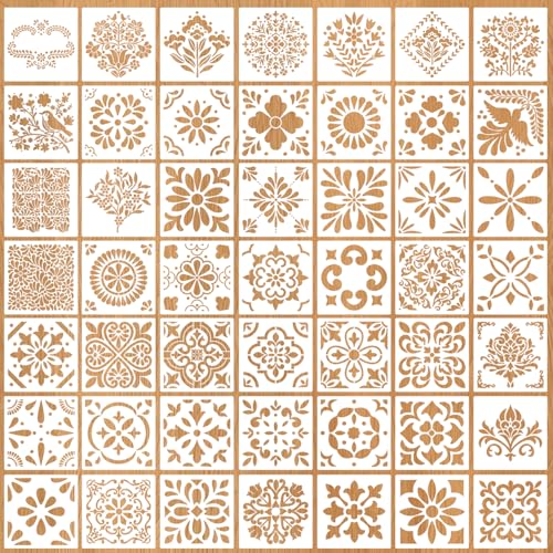 Talavera Stencil Mexican Stencils 4” | Folk Art Stencil Tile Stencils for Painting on Stairs Floor Furniture Wood Cielito Lindo Decor - style: Tile-4"/49p