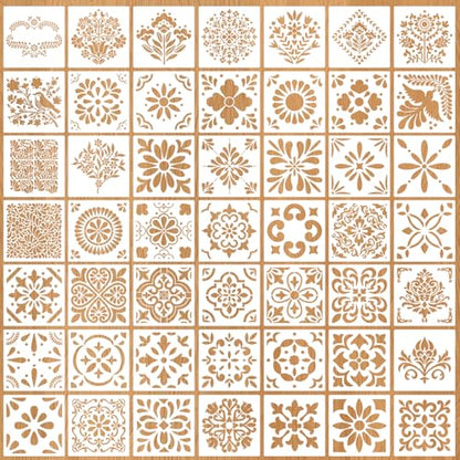 Talavera Stencil Mexican Stencils 4” | Folk Art Stencil Tile Stencils for Painting on Stairs Floor Furniture Wood Cielito Lindo Decor - style: Tile-4"/49p