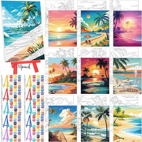 Blosssound 10 Set Pre Printed Canvas Pre Drawn Canvas Painting with Easel Kits 5" x 7" Outline Painting Panels for Beginners, DIY Craft Project, Party Favor, Home Decors(Hawaii) - style: Hawaii