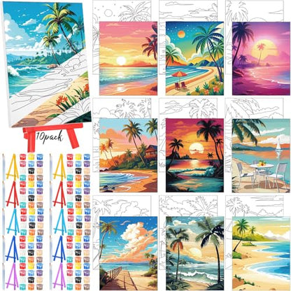 Blosssound 10 Set Pre Printed Canvas Pre Drawn Canvas Painting with Easel Kits 5" x 7" Outline Painting Panels for Beginners, DIY Craft Project, Party Favor, Home Decors(Hawaii) - style: Hawaii