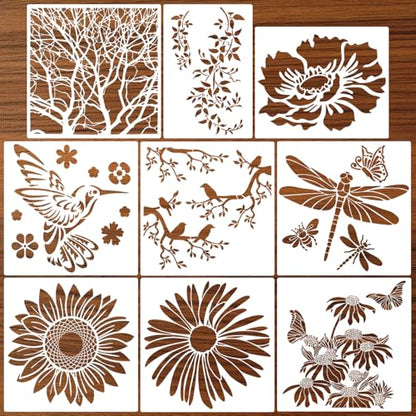 Large Flower Stencils for Walls 11.8inch Hummingbird Dragonfly Stencil | Reusable Daisy Sunflower Tree Vine Stencils for Painting on Wood Fence Wall Furniture Fabrics DIY Decor - style: Nature
