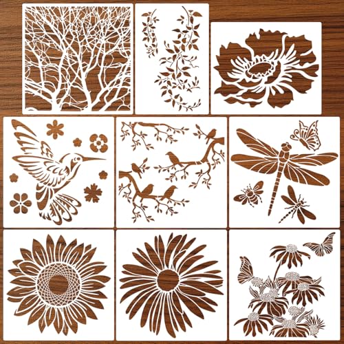 Large Flower Stencils for Walls 11.8inch Hummingbird Dragonfly Stencil | Reusable Daisy Sunflower Tree Vine Stencils for Painting on Wood Fence Wall Furniture Fabrics DIY Decor - style: Nature