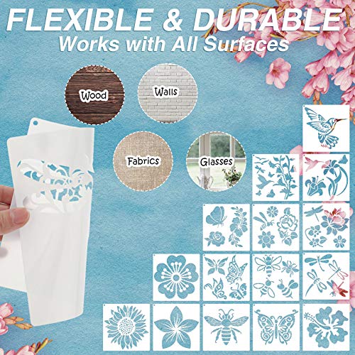 Zonon 16 Pcs Stencils for Painting, DIY Craft Templates, 5.1 x 5.1 Inch | Summer Reusable Painting Stencils for Wall Wood Canvas Crafts, Flower Butterfly Hummingbird Designs, Metal Open Rings - size: 5.1 x 5.1 Inch