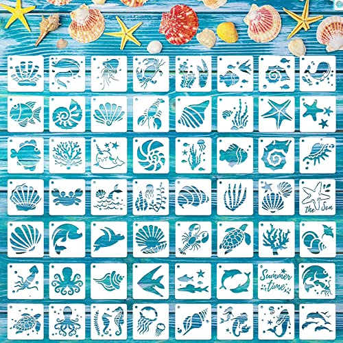 Augshy 56 Pieces Small Summer Sea Ocean Beach Stencils for Painting Crafts | Plastic, Kids Wall Floor Home Decor, Drawing Rock Painting Scrapbooking, Reusable Marine Animal Pattern Shapes, 3 Inch - style: Ocean Creatures