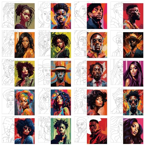 Sherr 20 Pcs Stretched Pre Drawn Canvas African American Canvas to Paint Afro Queen Black Art for Painting for Adults Outline Pre Drawn Stretched Cotton Art to Paint Party Set, 8 x 10 - style: Cool