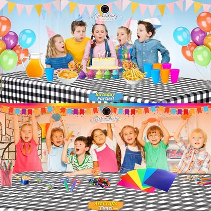 Grandipity Plastic Table Cloth Disposable 12 Pack 54” x 108” Rectangle | Black Gingham Plastic table covers, durable disposable tablecloths, fade and tear-resistent table cover for party, event - color: Black Gingham, size: 54in. x 108in. Rectangle