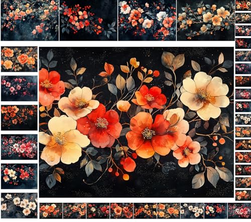 Decoupage Paper Pack (35 Sheets 6"x8") Midnight Blossoms: Dark Floral Elegance with Red and Cream Flowers Against Deep Blue Night Skies and Subtle Golden Accents FLONZ Vintage - color: ThirtySeven