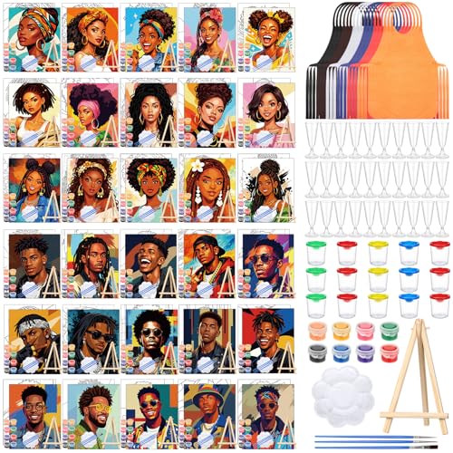 Sherr 285 Pcs 30 Sets Sip and Paint Kit for Adults,Portraits | Pre Drawn Canvas to Paint for Adults, Acrylic Paints, Brushes, Easels, Date Night, Birthday Party Gifts - style: Stylish African Figures