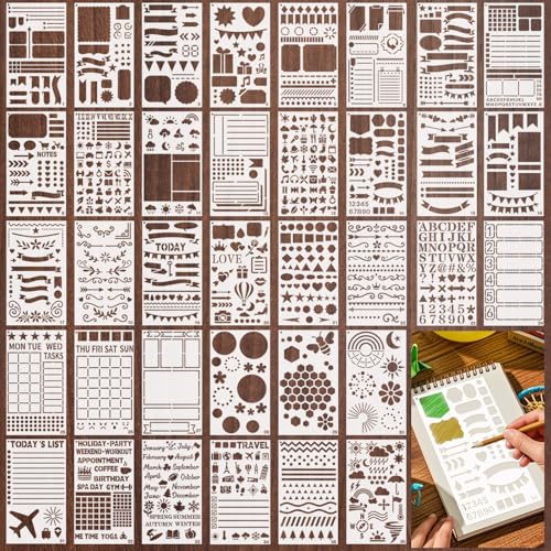 36 PCS Journal Stencils, Planner Stencils for Junk Journal Notebook Diary Scrapbook DIY Drawing Template Journal Stencil 4x7 Inch - style: Journal Template