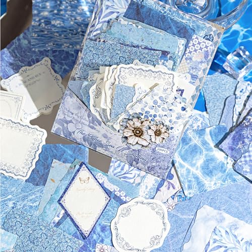 100 Sheets Vintage Scrapbook Papers Journaling Scrapbooking Supplies Kit junk journal supplies Decorative Craft Paper for Planner, Collage Paper Embellishment - color: Blue