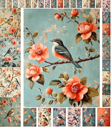 Decoupage Paper Pack (35 Sheets 6"x8") Spring Songbirds: Colorful Birds Resting on Blossoming Branches with Soft Petals and Vintage Botanical Charm in Natural Scenes FLONZ Vintage - color: ThirtyFive