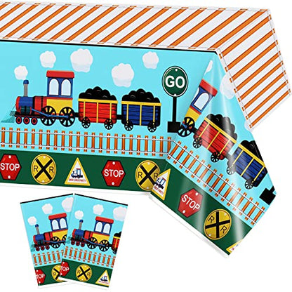 PHOGARY 2 Pack Train Tablecloths, Disposable Plastic Table Covers | Train Themed Tablecloth for Birthday Railroad Party Decorations