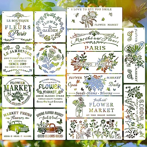 Flower Market Stencil, Large Spring Wildflower Stencils Farmhouse Stencils for Painting on Wood, Craft Template Wood Burning Stencil for Garden Canvas Sign Wall Home Decor(Flower)