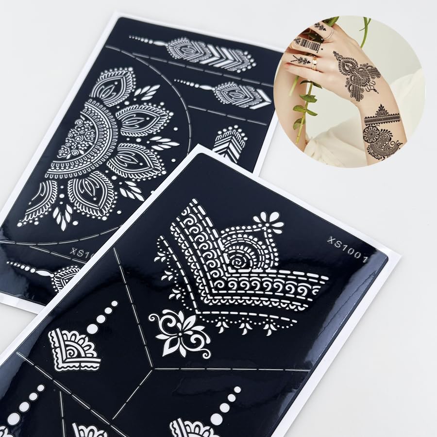 Temporary Tattoo Stencils, 10 Sheets Henna Tattoo Templates for Women Girls - color: Dark Black