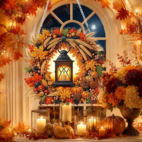 Eiflow Acrylic Diamond Art Hanging Kit for Adults Fall Wreath, DIY Diamonds Painting Door Hanger Board Kit, Special Crystal Diamond Art Painting Pendant Ornament (Lantern) - color: Lantern Wreath
