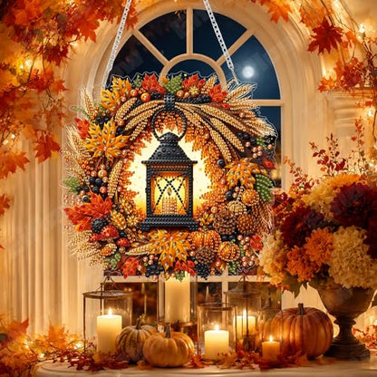 Eiflow Acrylic Diamond Art Hanging Kit for Adults Fall Wreath, DIY Diamonds Painting Door Hanger Board Kit, Special Crystal Diamond Art Painting Pendant Ornament (Lantern) - color: Lantern Wreath