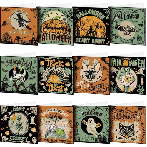 Saillong 12 Pack Halloween Diamond Painting Greeting Card Kits DIY Halloween Diamond Art Cards with Envelopes Green Black Cat Skull 5D Rhinestones Painting Kit for Adults DIY Craft Family Friend Gifts - color: Retro Halloween