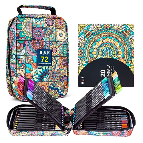 H & B 72 Colored Pencils Set for Adults with 3-Color Coloring Book & Case | Artist Soft Oil-Based Cores, Black Wood, Mandala Coloring for Stress Relief, Portable Drawing Kit with Sharpener & Eraser - size: 1 count (Pack of 72), style: 2-Mandala (BlackWood