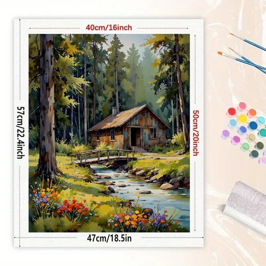 Rustic Landscape Paint by Numbers Kit for Adults - DIY Forest Cabin and Creek with Flowers Painting on Canvas 16x20In, Acrylic Paint Set, Suitable for Beginners, Art for Home Decoration or Gifts - color: HSX02090, size: 16X20IN Folded