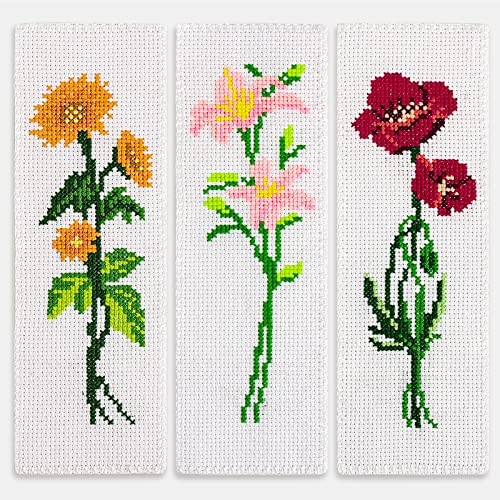Caydo 3 Pieces Cross Stitch Bookmarks, DIY Stamped Embroidery Bookmark Kit | Cross Stitch Bookmarks for Beginner Flower Patterns 14 Count Crossstitch Projects for Book Lovers
