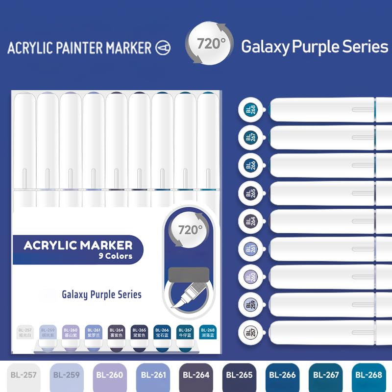 Water Based Acrylic Paint Markers, 9 Colors Paint Pen Set - color: Calaxy Purple