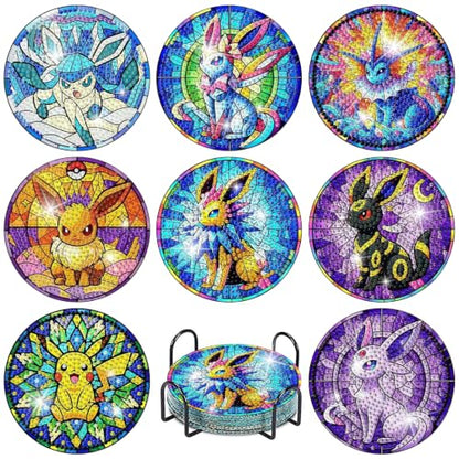 nekpiahu 8Pcs Diamond Painting Coasters with Holder,DIY Cartoon Life Coaster Diamond Art Kits for Adults, Beginners Round Full Drill Diamond Art Craft Supplies - color: Bdwy507