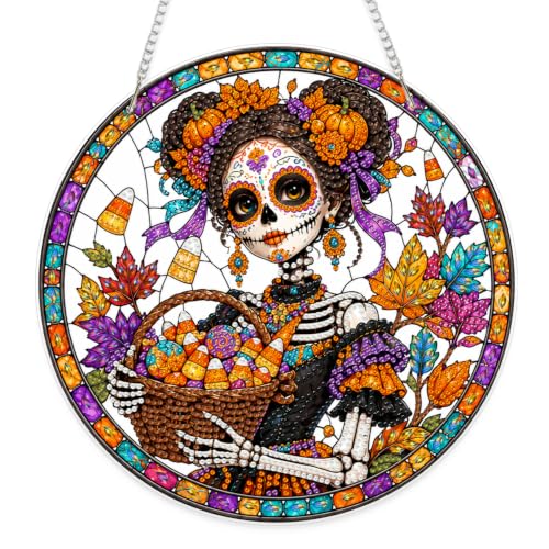 Eiflow Acrylic Diamond Art Hanging Kit for Adults Halloween Skull, DIY Diamonds Painting Door Hanger Board Kit, Special Crystal Diamond Art Painting Pendant Ornament - color: Skull Girl
