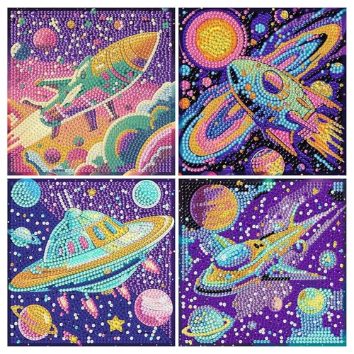 Space Diamond Art Painting Kit for Kids, 5D Diamond Art Kits for Beginners | 4 PCS DIY Spaceship Gem Rhinestone Full Drill Gem Painting Crafts for Girls Boys Ages 8-9-12 for Home Wall Decor 6x6 inch - color: CC1072+CC1073+CC1074+CC1075