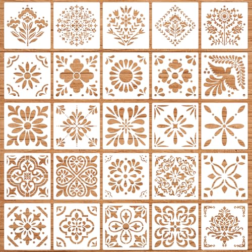 Talavera Stencil Mexican Stencils for Painting 4"x4" | Tile Stencil Folk Art Stencils for Painting on Furniture Wall Stairs Fabric DIY Crafts Decor - style: Tile 25P/4IN