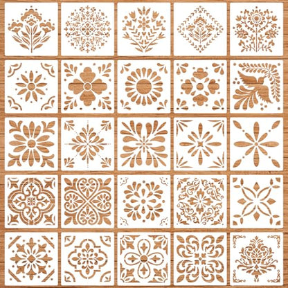 Talavera Stencil Mexican Stencils for Painting 4"x4" | Tile Stencil Folk Art Stencils for Painting on Furniture Wall Stairs Fabric DIY Crafts Decor - style: Tile 25P/4IN