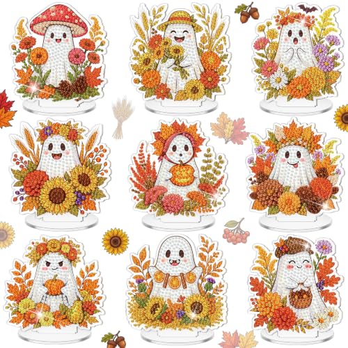 Kosiz 9 Pcs Fall Ghost Diamond Painting Tabletop Decorations Halloween Diamond Art Kits for Adults Double Sided Acrylic Flower Ghost Table Centerpieces Sign for Desktop Beginner DIY Crafts Party Gifts - style: Ghost