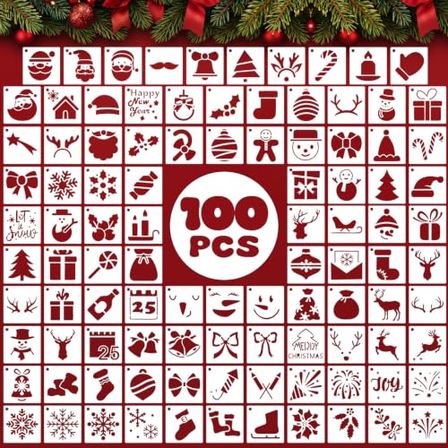 Fainne 100 Pcs 1.5 Inch Christmas Small Stencils for Crafts | Reusable Painting Stencils Painting Crafts Templates, Santa Reindeer Snowman Christmas Tree Designs for DIY Holiday Decor - style: Christmas