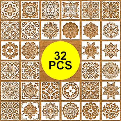 32pcs 6x6in Mandala Stencils for Painting Diwali Rangoli Washable | Stencils for Painting on Wood Rangoli Art Supplies Flower Template for Floor Wall Tile Fabric Wood DIY Decor Diwali stencils