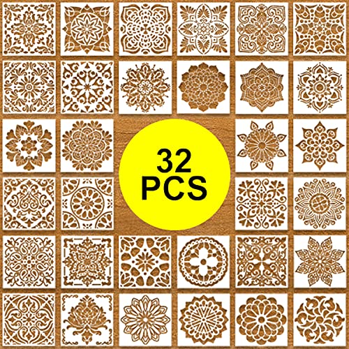 32pcs 6x6in Mandala Stencils for Painting Diwali Rangoli Washable | Stencils for Painting on Wood Rangoli Art Supplies Flower Template for Floor Wall Tile Fabric Wood DIY Decor Diwali stencils