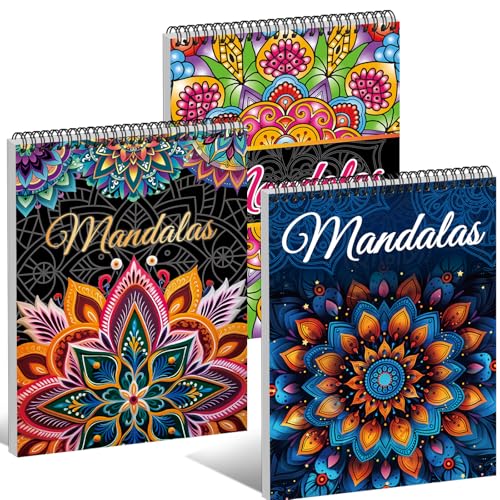 Kalysky Mandala Adult Coloring Book Set - 3 Pack Spiral Bound Coloring Books for Adults Relaxation, 60 Original Mandala Designs, Stress Relief Anxiety Relief Gifts for Women Men - color: Mandala