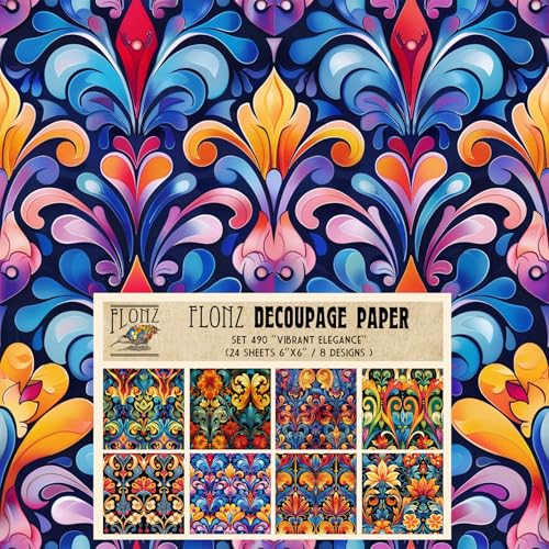 Decoupage Paper Pack (24 Sheets 6"x6") Vibrant Elegance: Art Nouveau Flourishes in Radiant Colors and Intricate Designs for Creative Projects # Vintage Styled Paper for Craft and Scrapbooking - color: FiftyThree