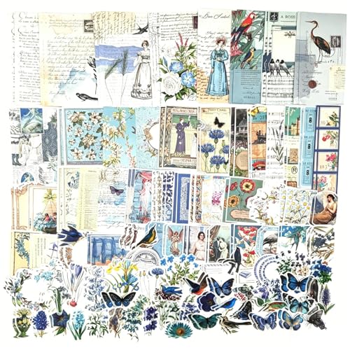 Esweny 200PCS Vintage Scrapbooking Supplies Kit for Journaling, Scrapbook Sticker Paper Pack for Junk Journal Planners Aesthetic Cottagecore Room Decor Wall Art Collage Album - style: Blue Series
