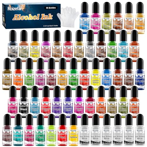 Alcohol Ink Set - 50 Bottles Vivid Colors Alcohol Paint 10ml Each | High Concentration, Metallic Alcohol Paint Resin Dye, Safe Fast Drying Effect, Ideal for Epoxy Resin, Art Painting, Glass - color: 56 Colors