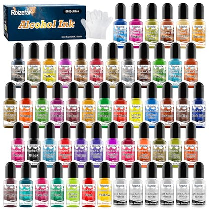 Alcohol Ink Set - 50 Bottles Vivid Colors Alcohol Paint 10ml Each | High Concentration, Metallic Alcohol Paint Resin Dye, Safe Fast Drying Effect, Ideal for Epoxy Resin, Art Painting, Glass - color: 56 Colors