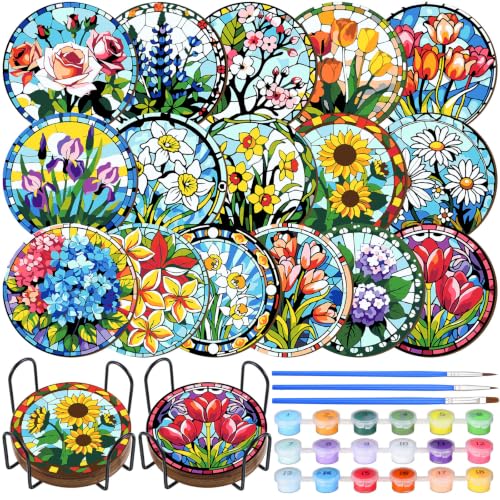 Reallnaive 8 Pcs Flower Paint by Numbers Kit for Adults Wood Floral Coaster - style: Floral