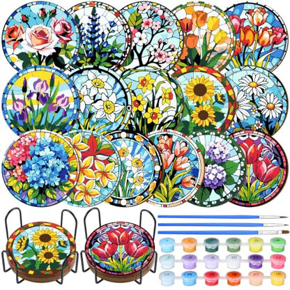 Reallnaive 8 Pcs Flower Paint by Numbers Kit for Adults Wood Floral Coaster - style: Floral