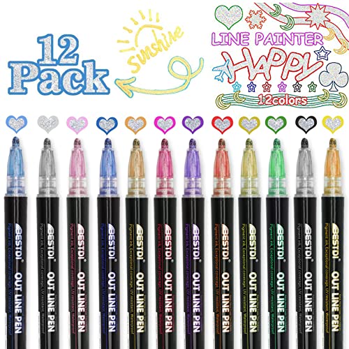 Starhig 12Colors Shimmer Markers, Super Squiggles Outline Markers, Outline Markers Self-outline Metallic Markers, Shimmer Markers for Painting Drawing Gift Cards - size: 1 Count (Pack of 12)